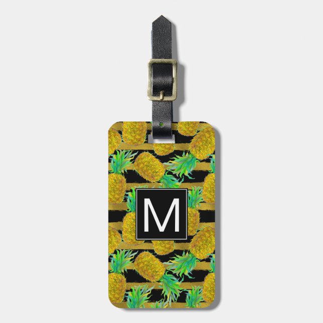 Golden Pineapples On Stripes | Monogram Luggage Tag (Front Vertical)