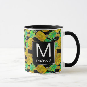 Golden Pineapples On Stripes   Monogram Mug