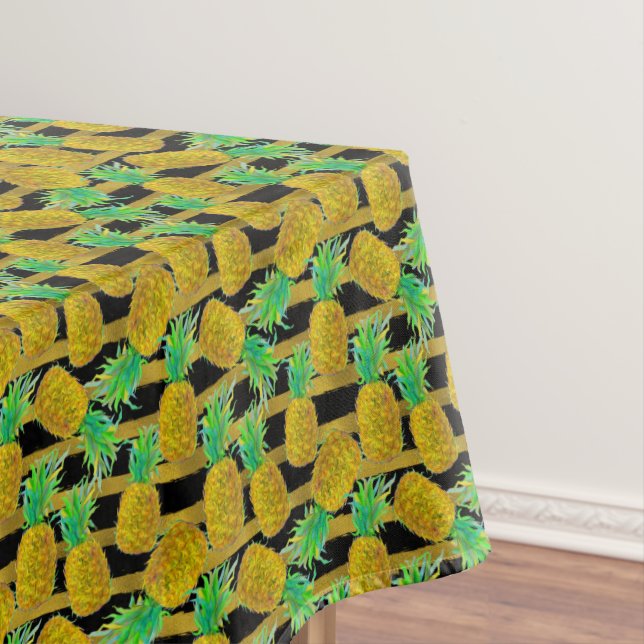 Golden Pineapples On Stripes Tablecloth (In Situ)