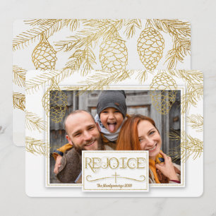 Golden Pines Rejoice Christian Cross Photo Holiday Card