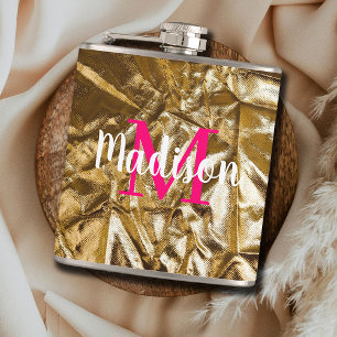 Golden Pink Custom Monogram Personalized Hip Flask