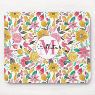 Golden Pink Flowers Leaves Watercolor Monogram Mouse Pad