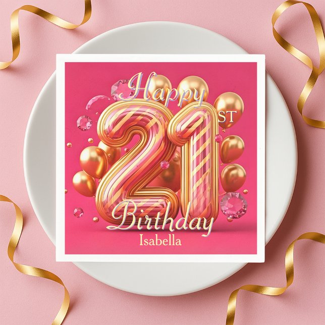 Golden Pink Glam Chic 21st Birthday Balloons Napkin (Creator Uploaded)