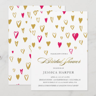 Golden pink hearts bridal shower invitation