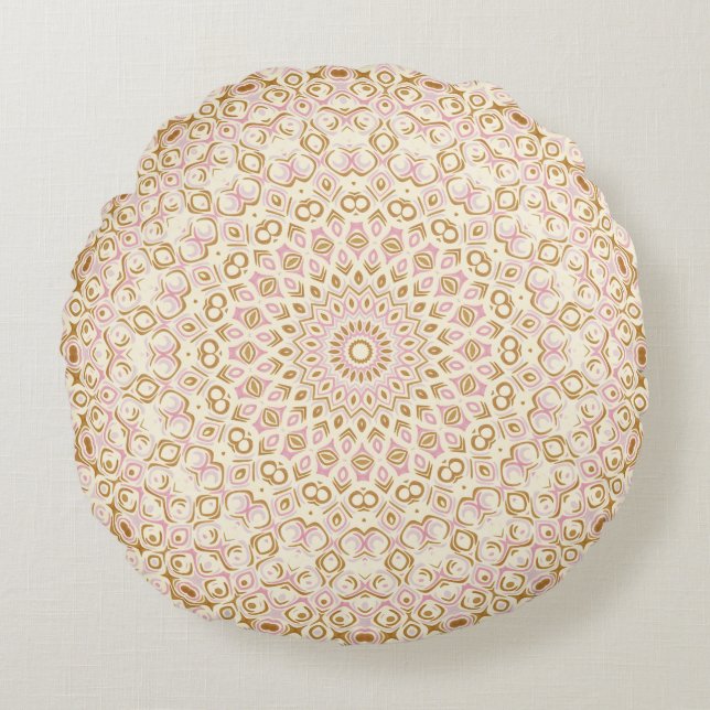 Golden Pink Mandala Radiant Geometric Sunburst Round Pillow (Front)