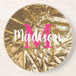 Golden Pink Monogram Personalized Coaster