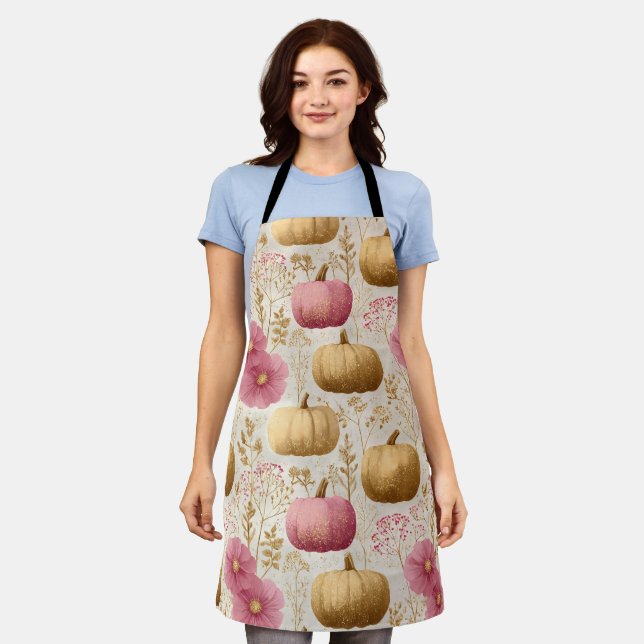 Golden & Pink Pumpkins Fall Design Apron (Worn)
