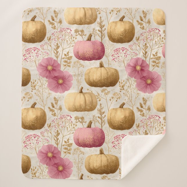 Golden & Pink Pumpkins Fall Design Sherpa Blanket (Front)