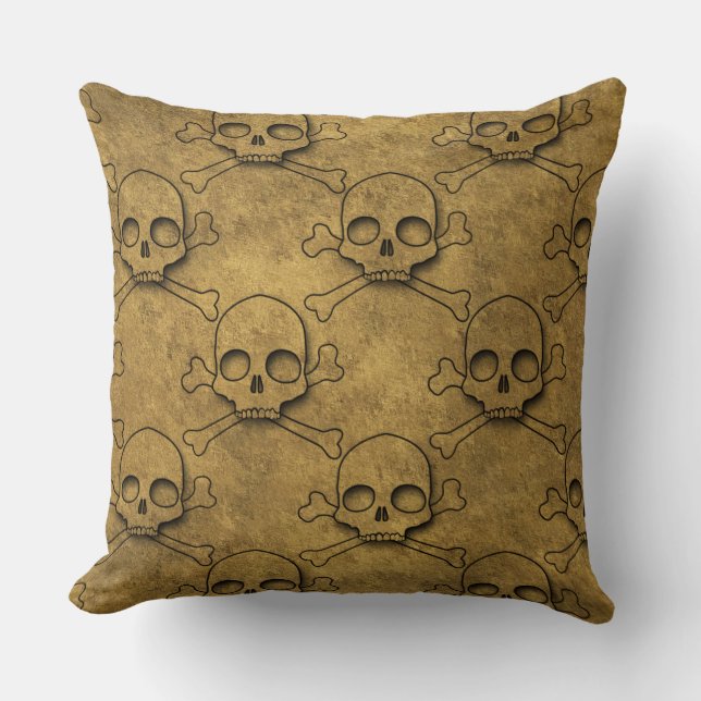 Golden Pirates Skull Pattern Throw Pillow (Front)