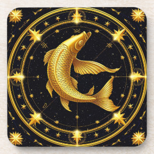 Golden Pisces Zodiac Symbol Surrounded by Stars Coaster