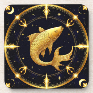 Golden Pisces Zodiac Symbol Surrounded by Stars Coaster