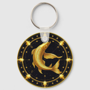 Golden Pisces Zodiac Symbol Surrounded by Stars Keychain