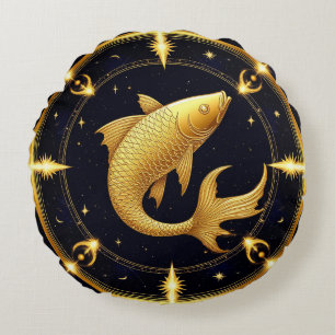 Golden Pisces Zodiac Symbol Surrounded by Stars Round Pillow