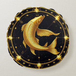 Golden Pisces Zodiac Symbol Surrounded by Stars Round Pillow