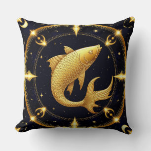 Golden Pisces Zodiac Symbol Surrounded by Stars Throw Pillow