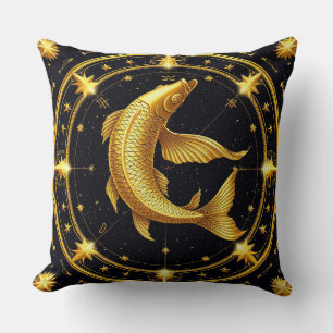 Golden Pisces Zodiac Symbol Surrounded by Stars Throw Pillow