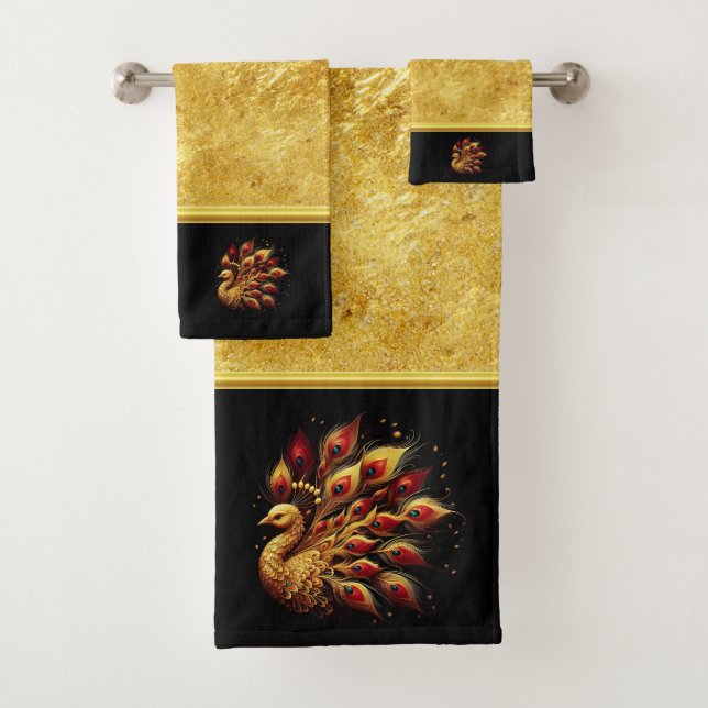 Golden Plumage: Majestic Peacock Bath Towel Set (Insitu)