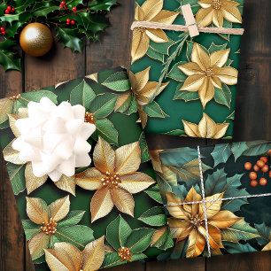 Golden Poinsettia Flower on Green Christmas Wrapping Paper Sheet