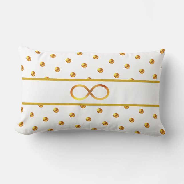 Golden Polka Dots & Infinity Symbol on White Lumbar Pillow (Front)