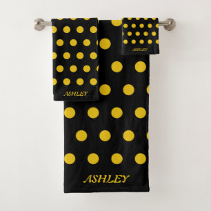 Golden Polka Dots on Black Bath Towel Set