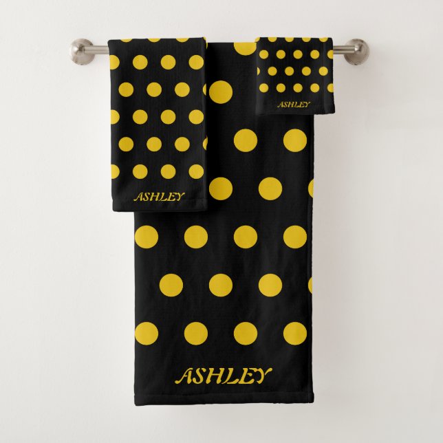 Golden Polka Dots on Black Bath Towel Set (Insitu)