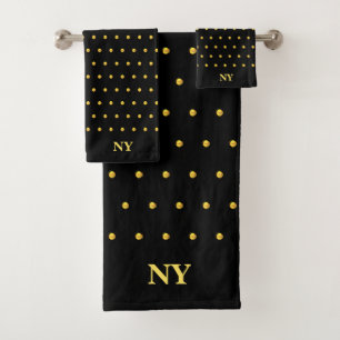 Golden polka dots on black bath towel set
