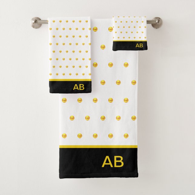 Golden polka dots on black & white bath towel set (Insitu)