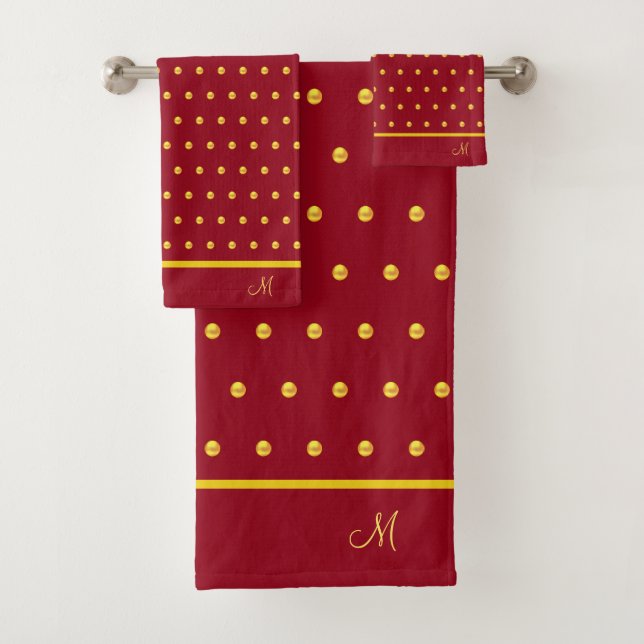 Golden polka dots on bordeaux bath towel set (Insitu)