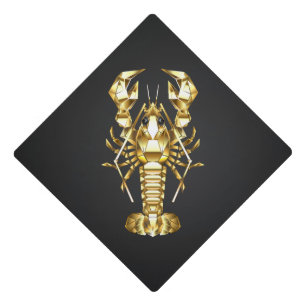 Golden polygonal lobster crawfish on black graduation cap topper