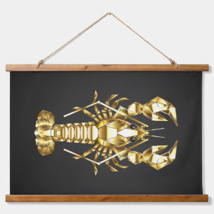 Golden polygonal lobster crawfish on black hanging tapestry