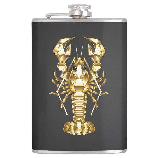 Golden polygonal lobster crawfish on black hip flask (Front)