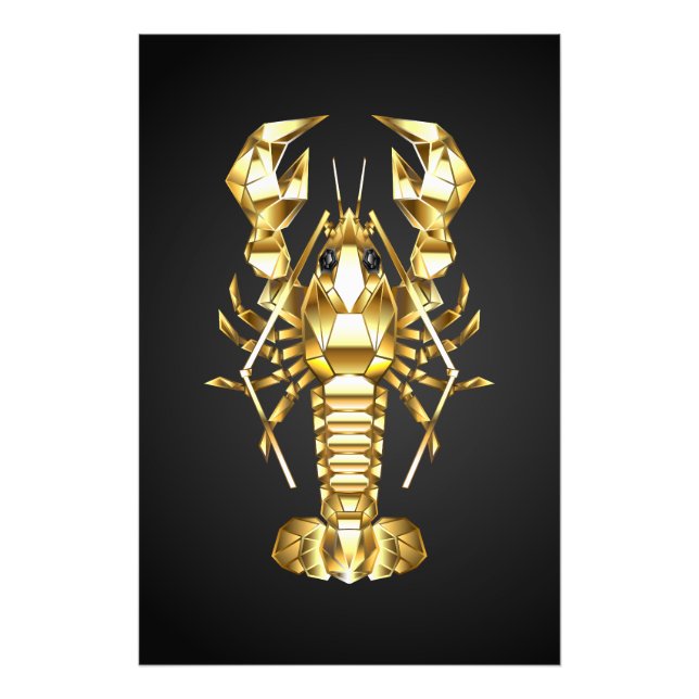 Golden polygonal lobster crawfish on black photo print (Front)