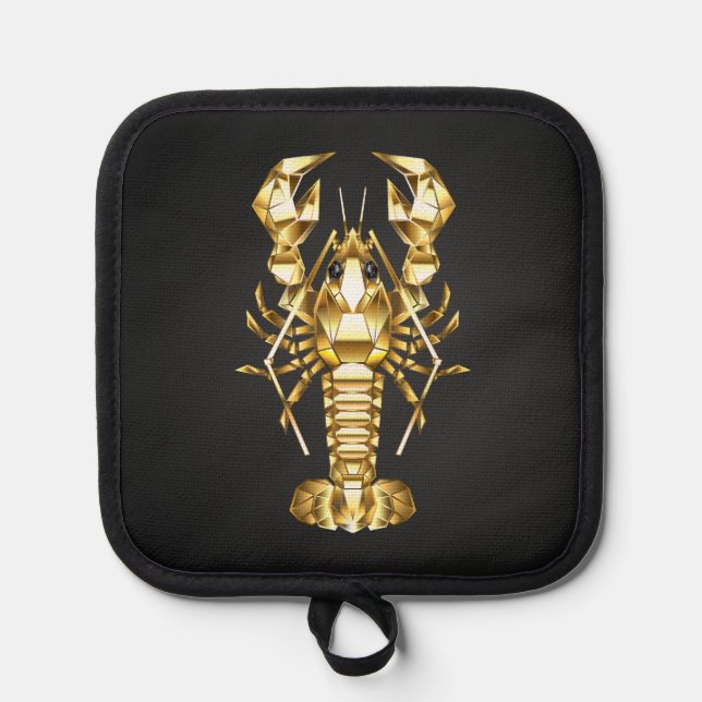 Golden polygonal lobster crawfish on black pot holder (Front)
