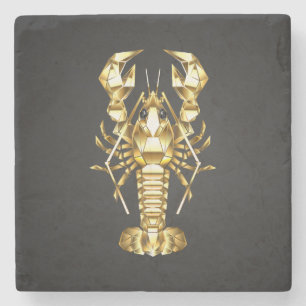 Golden polygonal lobster crawfish on black stone coaster