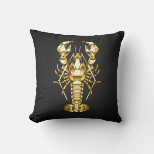Golden polygonal lobster crawfish on black throw pillow
