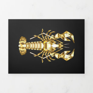 Golden polygonal lobster crawfish on black Tri-Fold holiday card