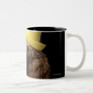Golden Poodle Dog wearing a yellow clown hat Two-Tone Coffee Mug