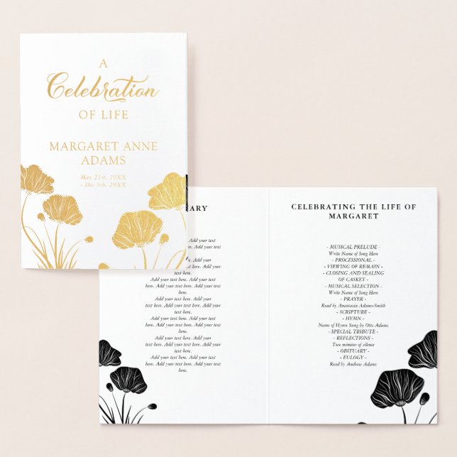 Golden Poppies Celebration of Life Funeral Program Foil Card (Display)