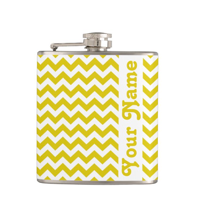 Golden Poppy Safari Chevron with customizable name Hip Flask (Front)