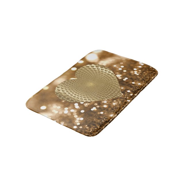 Golden Prismatic Heart Bokeh Faux Glitter Bath Mat (Angled)