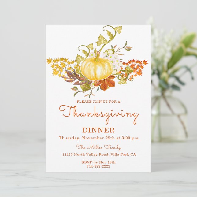 Golden Pumpkin and Fall Leaves Invitation (Standing Front)