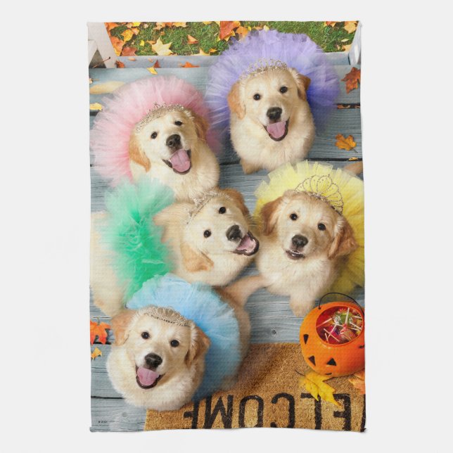 Golden Puppies Trick or Treating Kitchen Towel (Vertical)