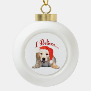 Golden Puppy I Believe Ceramic Ball Christmas Ornament