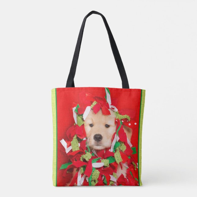 Golden Puppy Tangled in Christmas Garland Tote Bag (Back)