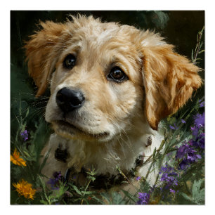 Golden Puppy Wildflower Gaze Poster