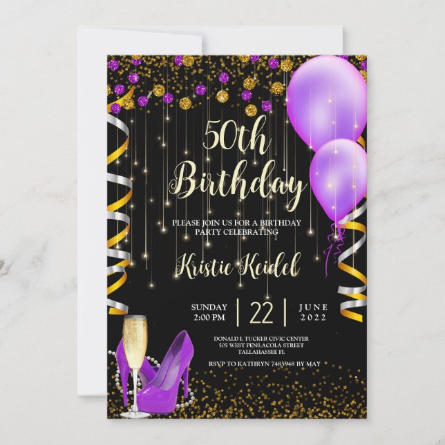 Golden Purple Balloons and Champagne Invitation (Front)