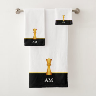 Golden Queen & Monogram on Black and White Bath Towel Set