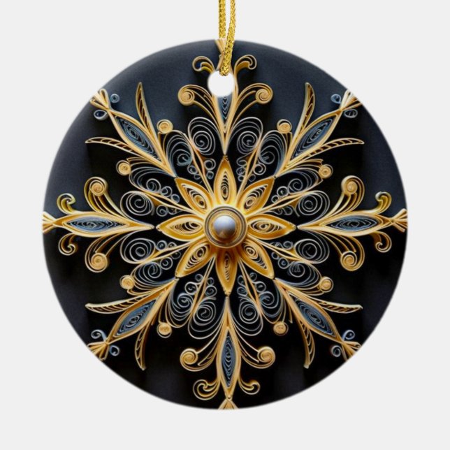 "Golden Quilled Snowflake Ornament" Ceramic Ornament (Front)