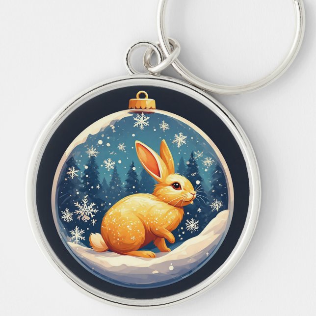 Golden Rabbit Sitting in a Festive Snow Globe Keychain (Front)