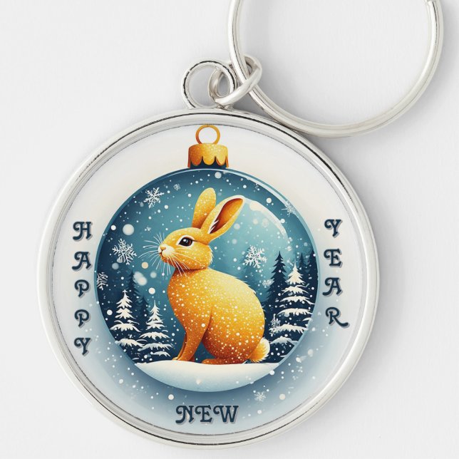 Golden Rabbit Sitting in a Festive Snow Globe Keychain (Front)
